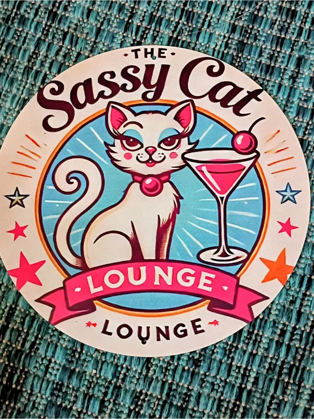 The Sassy Cat Lounge Round Metal Art- Pink, Blue, White